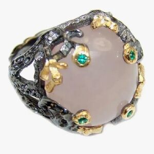 NWOT-Elegant Gold and Silver Rose Quartz Diopside Ring 6 1/4